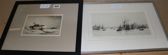 Rowland Langmaid and Frank Mason etchings, London Bridge and a patrol boat